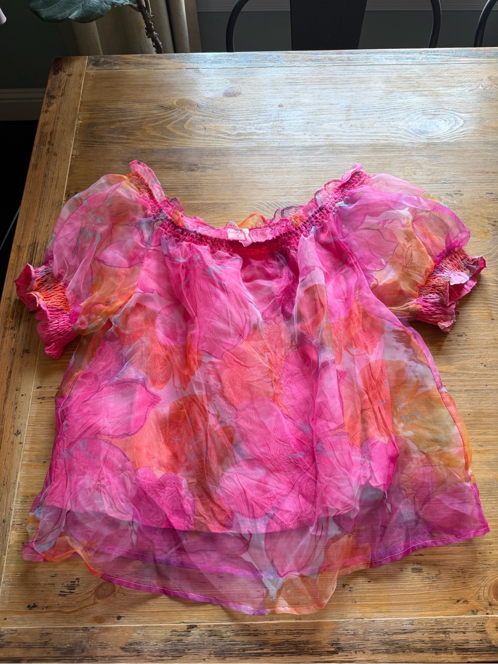 Hailey & Co Pink Floral Organza Off The Shoulder Puff Sleeve Blouse L
